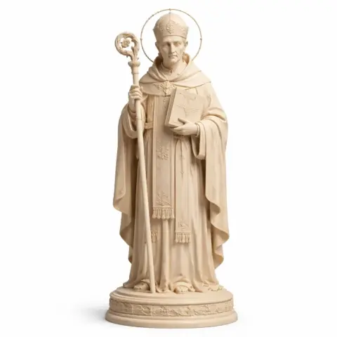 A 3D model of Saint Antoninus of Florence, holding a staff, wearing a robe and mitre, on a circular base.