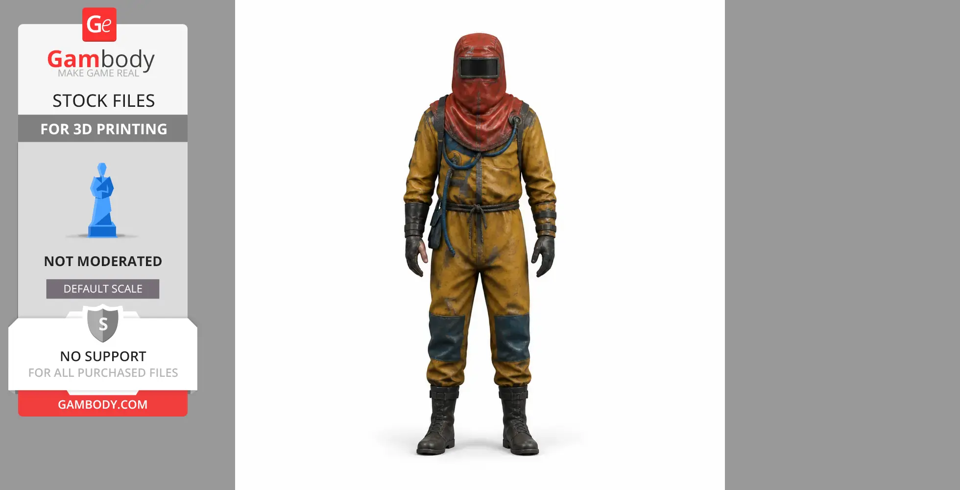 A 3D-printed character figurine in a yellow hazmat suit with a red hood and dark boots.