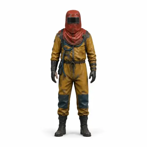 3D model of a character in a yellow outfit with a red hood and visor, wearing gloves and boots.