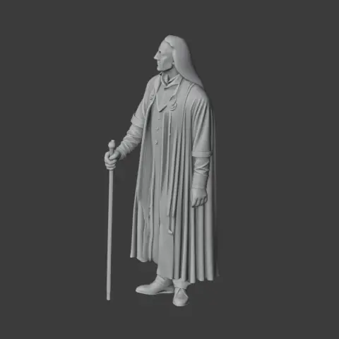 3D model of a robed figure with long hair, holding a staff. Suitable for 3D printing.