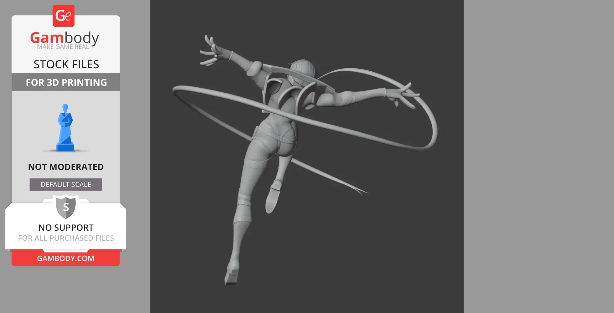 Dynamic 3D figurine of a character with outstretched arms and flowing ribbons, ready for 3D printing.