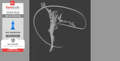 Dynamic 3D model of a character in an acrobatic pose with extending cables.