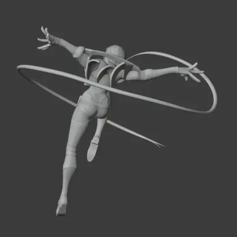 A futuristic character model with dynamic pose, outstretched arms, and flowing ribbons, designed for 3D printing.