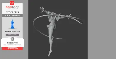 Dynamic 3D model of a futuristic female figure in motion with extended limbs and tech-inspired attire.