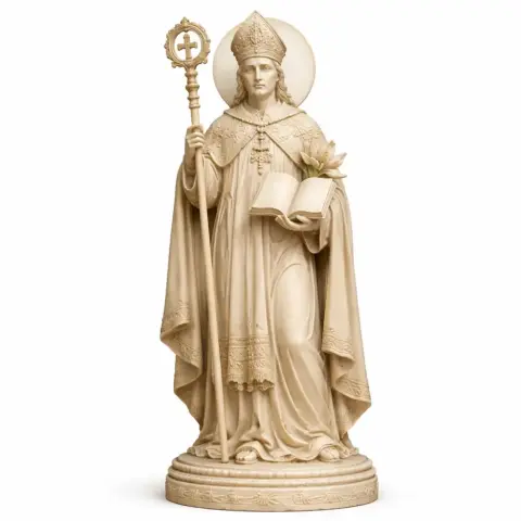 A detailed 3D print of a Saint Antoninus statue holding a staff and a book.
