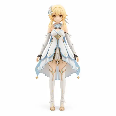 A detailed 3D figurine of a character in a blue and white outfit with long hair and ornate armor elements.
