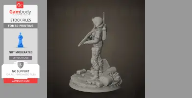 A 3D printed figure of a hooded raider holding a rifle, standing on a detailed base with debris.