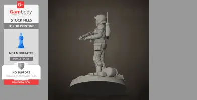 A detailed 3D model of a hooded sci-fi soldier with a gun, standing on a circular base.