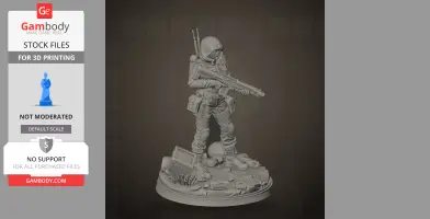 A detailed 3D model of a raider character holding a rifle, standing on a textured base with equipment.