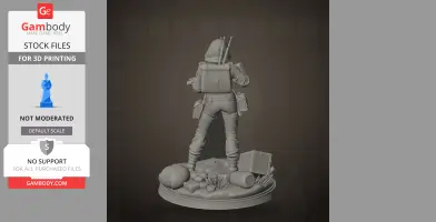 A 3D model of a raider character with gear and supplies, standing on a detailed base with various objects.