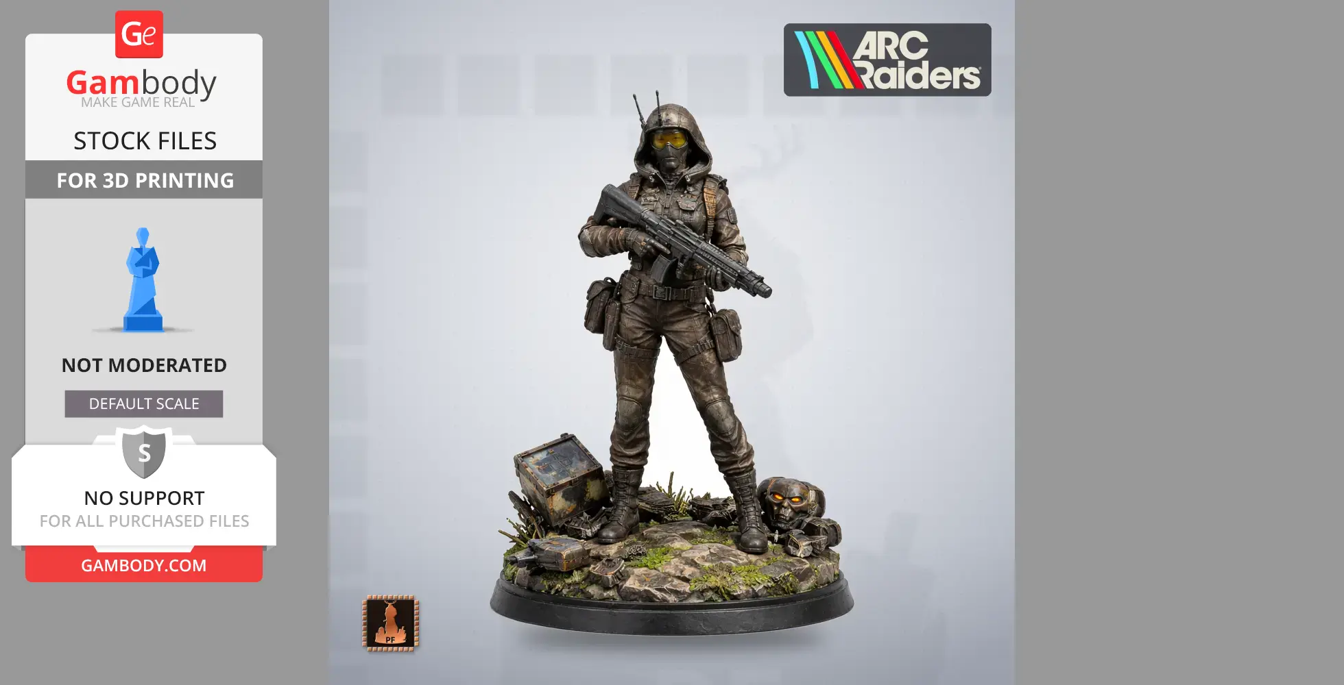 Armored character figure with rifle on rocky base, wearing helmet and goggles, for 3D printing.