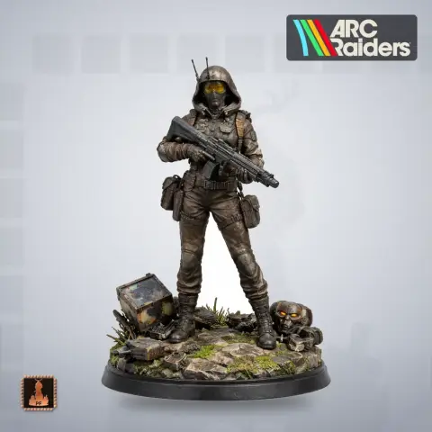 Armored character with a hood and gun standing on rocky terrain, ready for action.