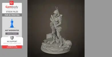 A detailed 3D model of an armored character with a hood and rifle, standing on a themed base.