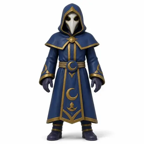 A hooded figure in a blue robe with gold trim, wearing a beaked mask. Perfect for 3D printing.