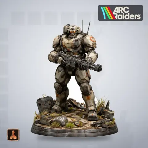 A detailed armored soldier figure with a weapon, standing on a themed base, from Arc Raiders.