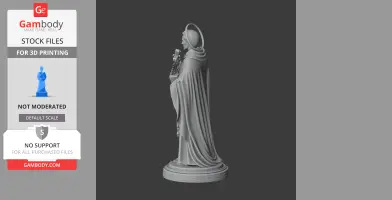 A 3D printed statue of a cloaked figure with a halo, holding an object, on a circular base.