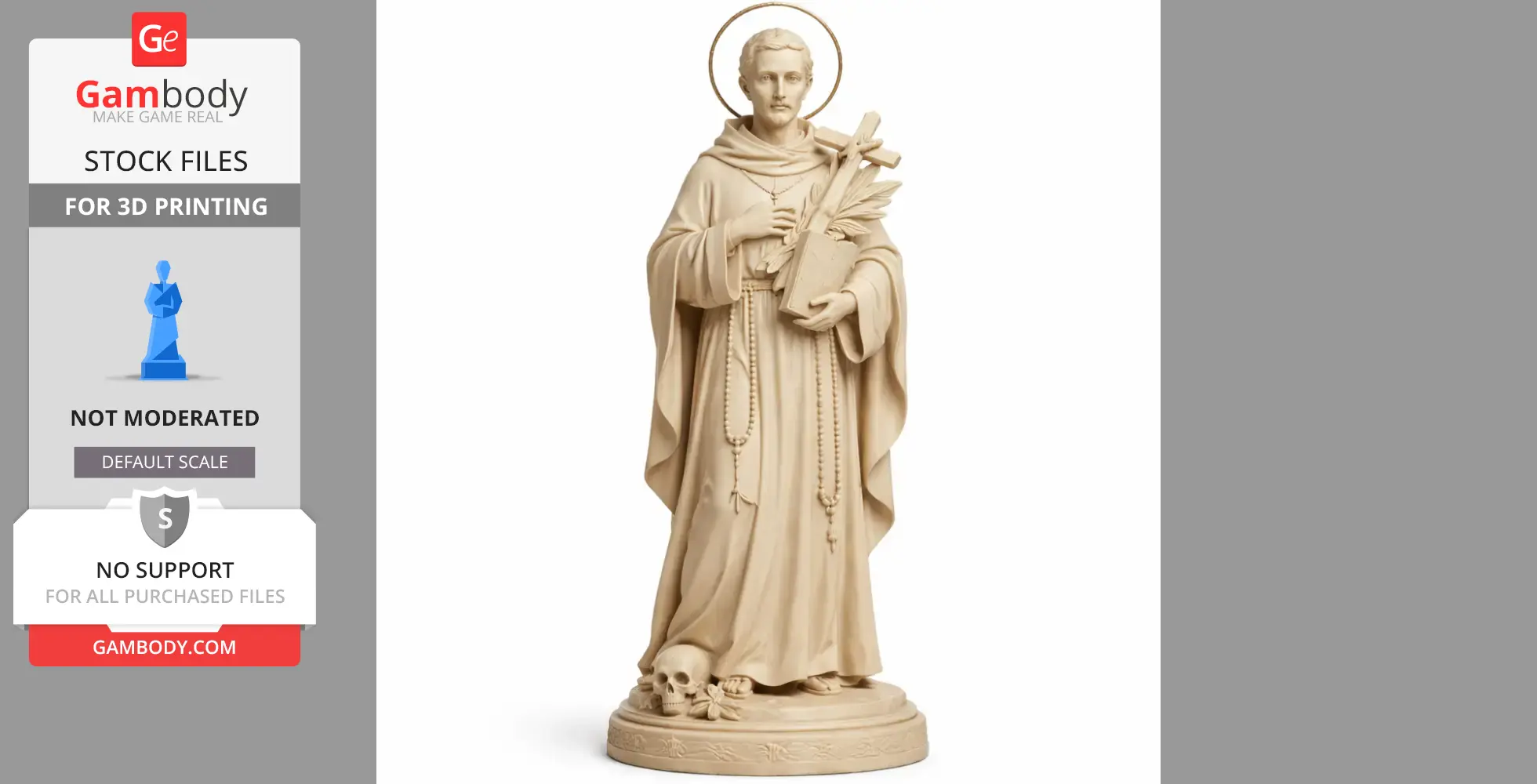A 3D model of a saint with a halo, holding a book and cross, standing on a base with a skull.