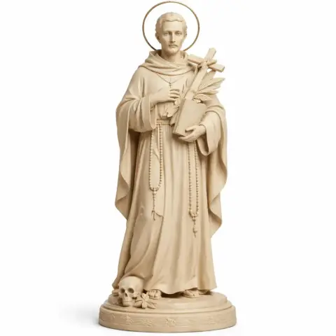 A 3D-printed statue of a robed saint with a halo, holding a book and cross, standing over a skull.