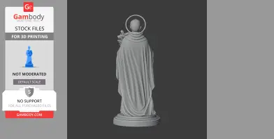 A 3D model of a saint in a cloak with halo and cross, designed for 3D printing.