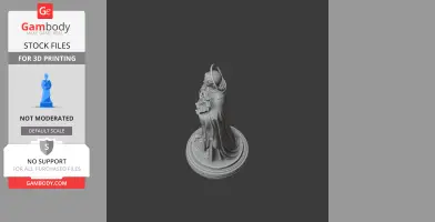 A 3D print model of a saint holding a cross, with a halo, on a circular base.