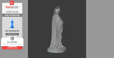 A 3D model of a robed figure with a halo, standing on a round base, designed for 3D printing.