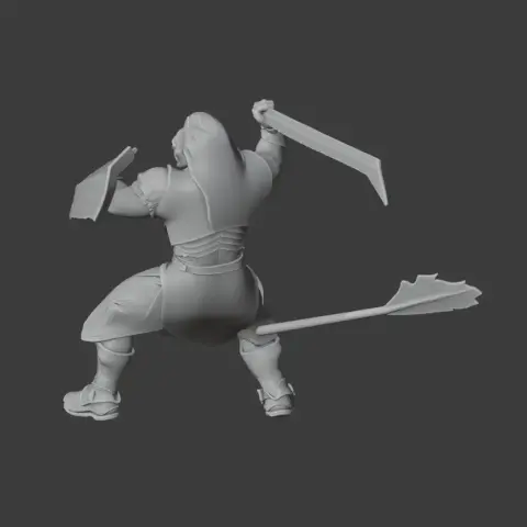 A 3D model of a warrior figure with sword and shield, poised in a battle stance.