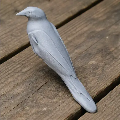3D printed model of a band-tailed cacique bird on a wooden surface.