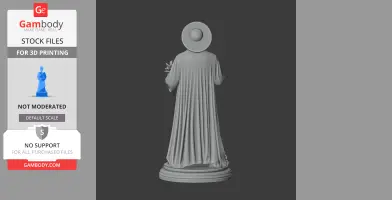 A 3D model of a saint in a robe and hat, holding a staff, standing on a circular base.