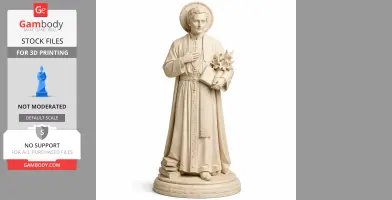 A statuette of a saint with a halo, holding a book and a bouquet, standing on a decorative base.
