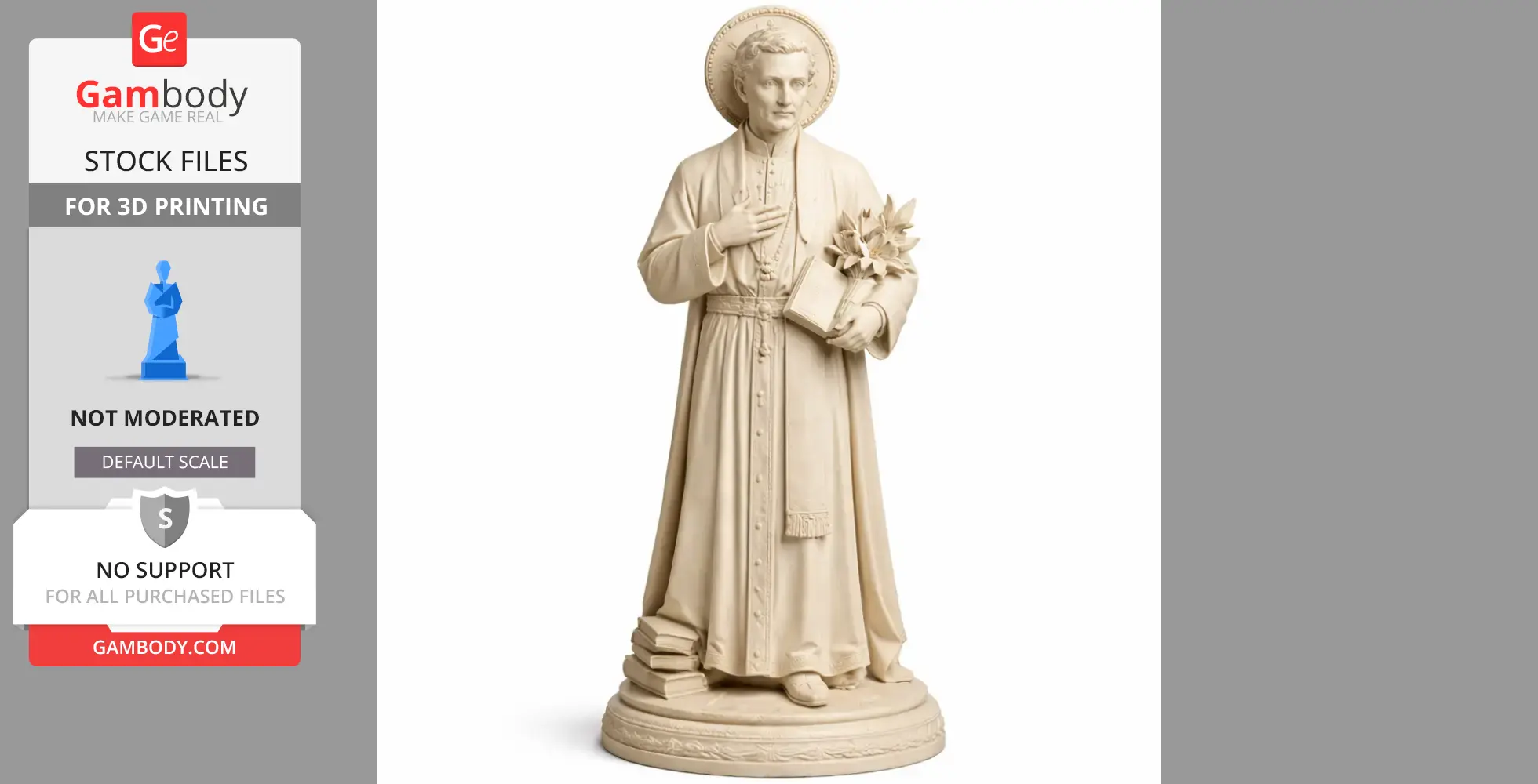 A statuette of a saint with a halo, holding a book and a bouquet, standing on a decorative base.