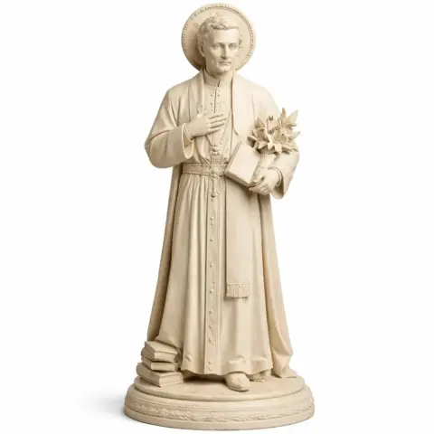 A 3D printed statue of a saint holding a book and flowers, standing on a round base.