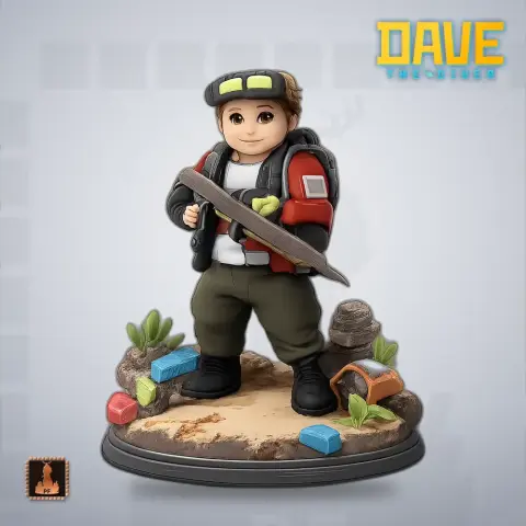 Chibi-style diver figure with cap, sword, and colorful rocks on a themed base.