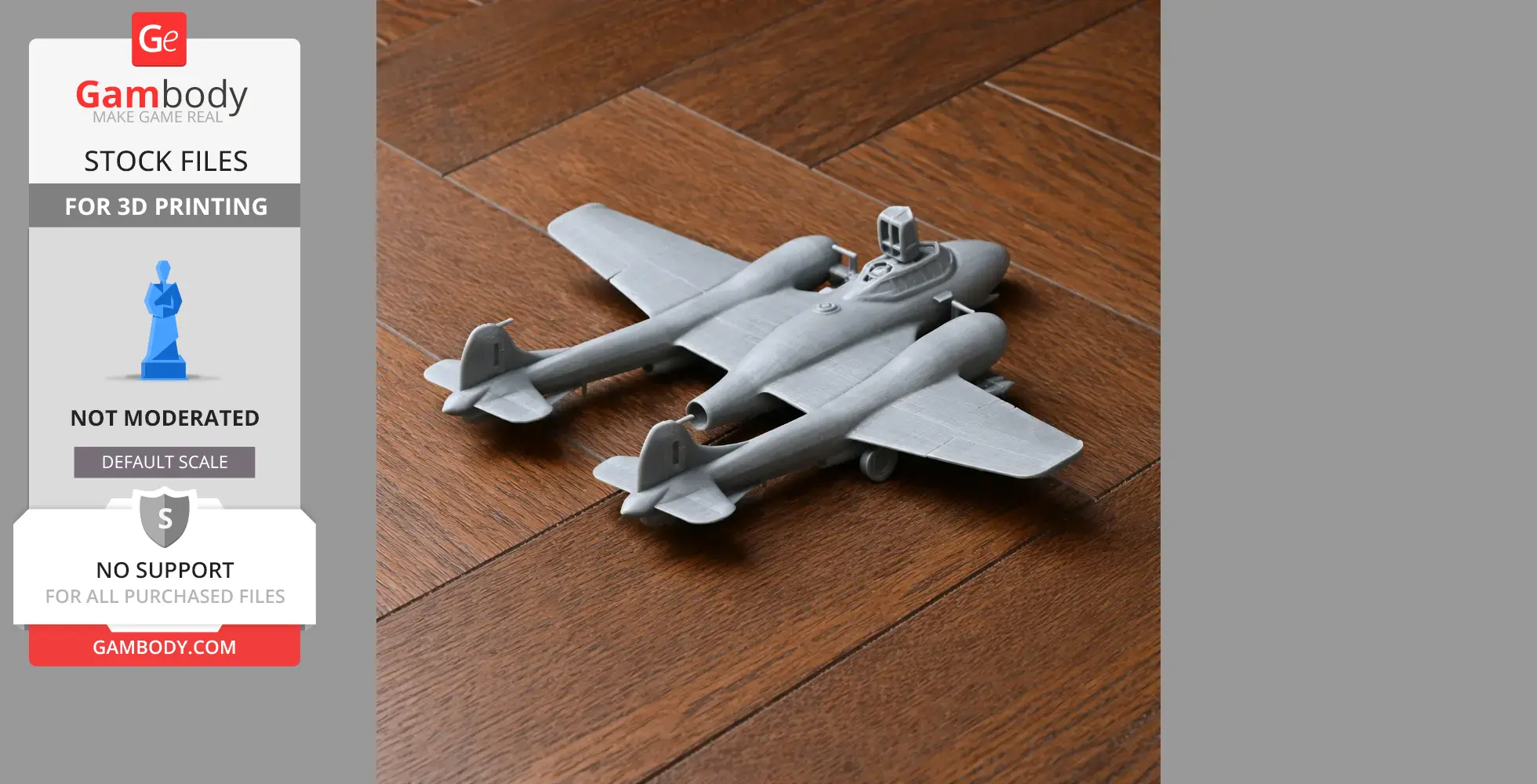 3D printed model of a De Havilland Sea Venom aircraft on a wooden surface.