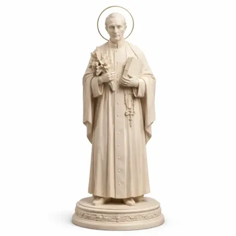 Devotional statue of Saint Antonio Maria Pucci holding flowers and a book, with a halo.