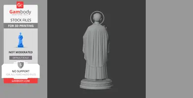 3D model of a devotional statue, back view, with halo and draped robes on a round base.