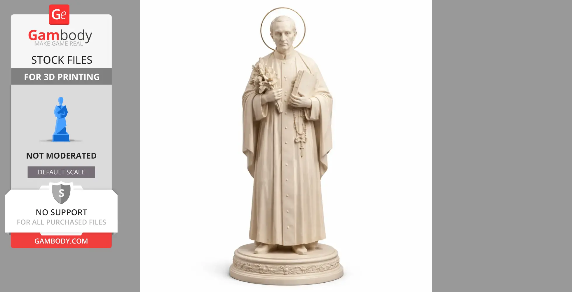 Devotional statue of Saint Antonio Maria Pucci holding a bouquet and book, wearing robes, ready for 3D printing.