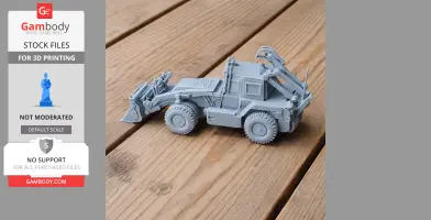 Gray 3D-printed model of a military engineering vehicle with a crane and shovel attachment.