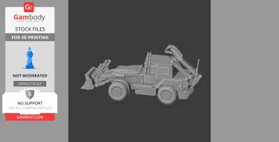3D model of a military engineering vehicle with a dozer blade and crane arm.
