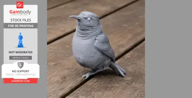 Gray 3D printed model of a band-tailed hornero bird on a wooden surface.
