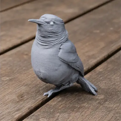 3D printed bird figurine resembling a band-tailed hornero, on a wooden surface.