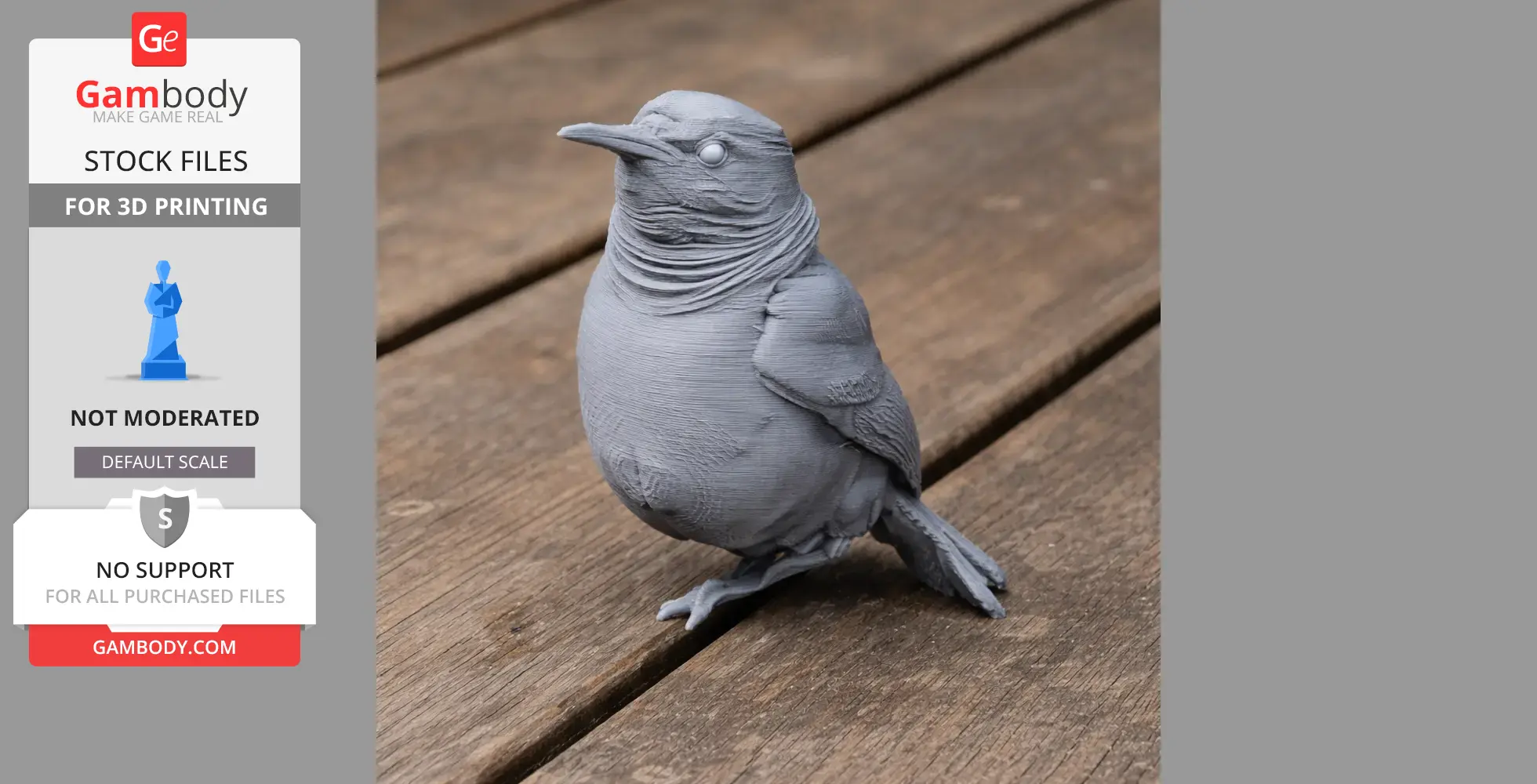 Gray 3D printed model of a band-tailed hornero bird on a wooden surface.