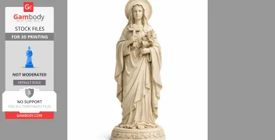 A statue of Saint Anysia holding a cross and flowers, standing on a decorative pedestal.