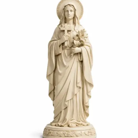 A detailed statue of a robed woman holding a cross and flowers, with a halo and ornate base.