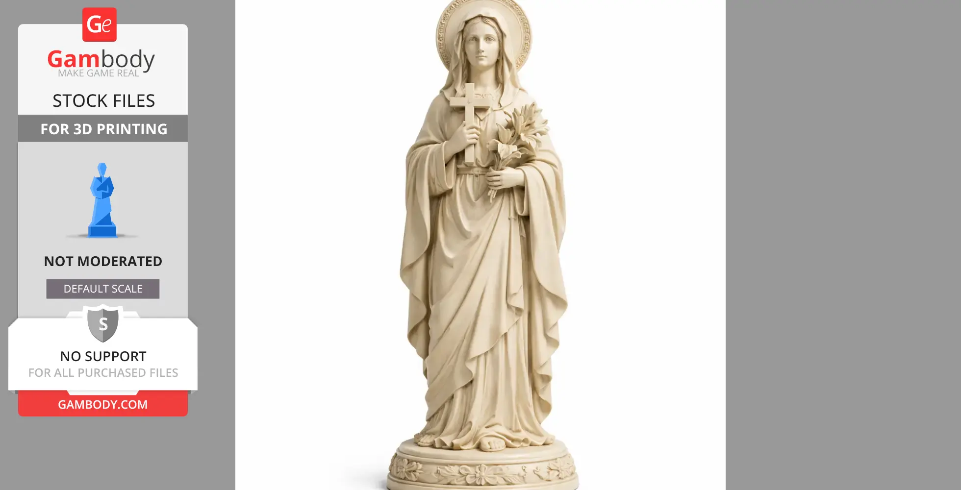 A statue of Saint Anysia holding a cross and flowers, standing on a decorative pedestal.
