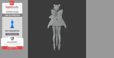 3D model of a character from behind with cat ears, layered skirt, and large bow-shaped wings.