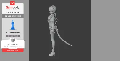 A 3D model of a character in a detailed outfit with long hair and tail, viewed from the side.