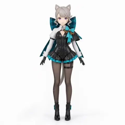 A detailed 3D figurine of a character with cat ears, wearing a black and turquoise outfit, from Genshin Impact.