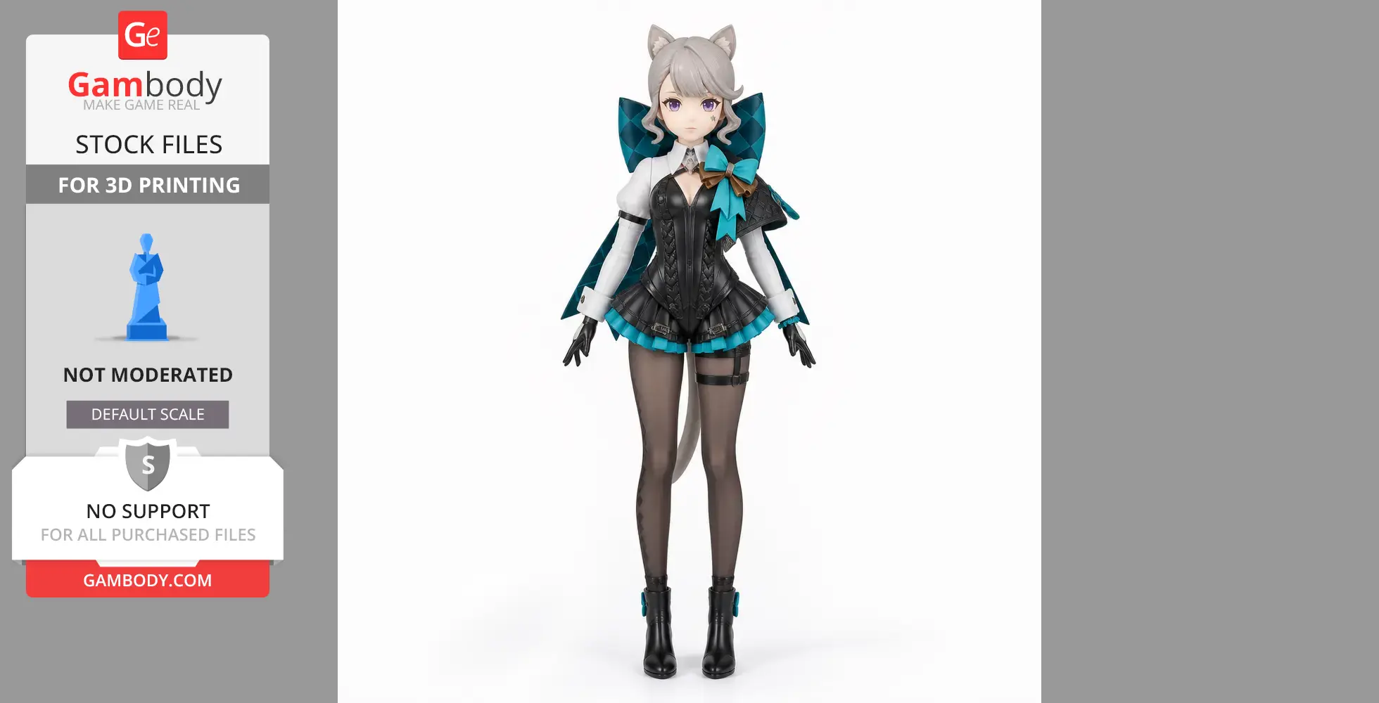 A Genshin Impact character figurine with cat ears, detailed outfit, and a bow, designed for 3D printing.