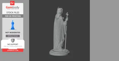 A hooded religious figure in robes holding a staff, standing on a round base.