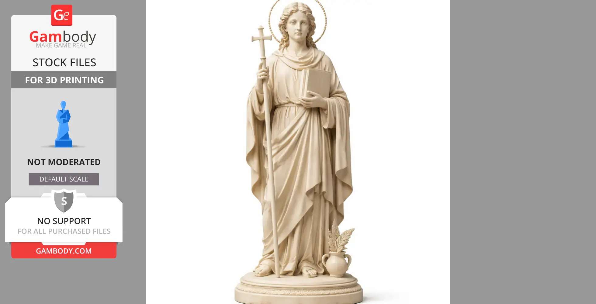 A detailed 3D statue of a saint holding a cross and book, with a halo and a vase at the base.